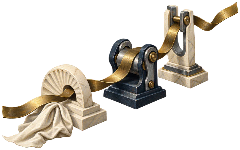 A continuous brass ribbon passes through three separate stone and mechanical guides, an illustration of responsibility across handoffs.